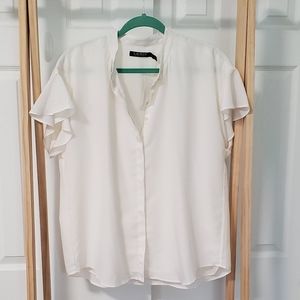 Lauren White Short Ruffle Sleeve Blouse